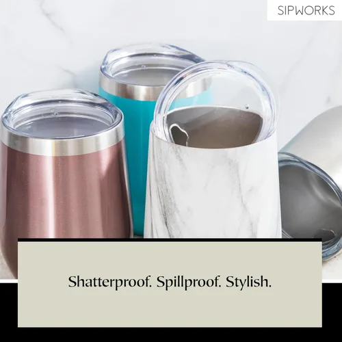 Vista 6 de Sipworks Vaso de vino con tapa, vaso de vino aislado de acero inoxidable de 12 onzas, portátil, resistente a derrames, sin tallo, copa de vino