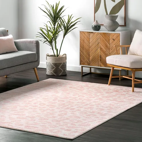 Vista 12 de Nuloom Annette Baby Pink/Ivory, 2 pies 8 pulgadas x 8 pies, estampado de leopardo, suave y acogedor, alto tráfico, resistente a las manchas, fácil