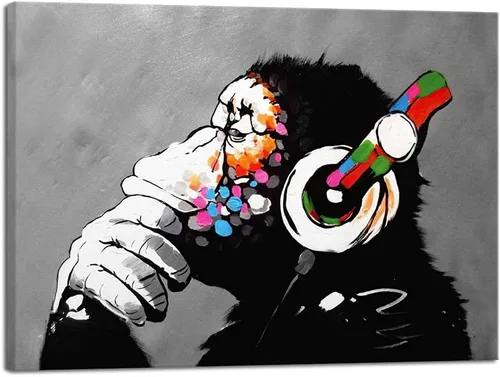 Vista 10 de Wieco Art Marco Negro Mono con Auriculares Banksy Arte de Graffiti Abstracto Pinturas en Lienzo Impresiones Arte de Pared en Lienzo de Animales