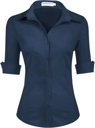Vista 12 de HOTOUCH Camisa de manga 3/4 con botones para mujer, blusas de trabajo ajustadas, camisas de vestir de algodón, camisas de oficina