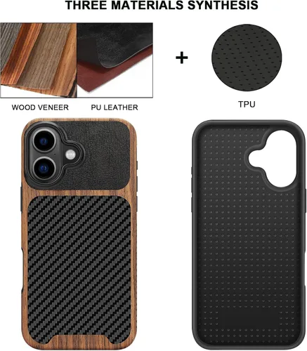 Vista 2 de TENDLIN Compatible con iPhone 16 Funda de teléfono de grano de madera con textura de fibra de carbono, diseño de cuero híbrido delgado (negro)