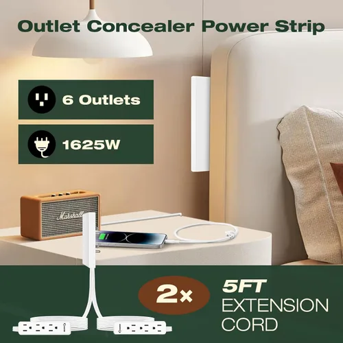 Vista 3 de Saker Cable de extensión doble de 5 pies plano con 6 tomas, 1625W Cable de extensión con cubierta de toma, enchufe plano, a prueba de bebés