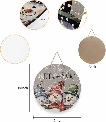 Vista 6 de Seasonal Front Door Welcome Sign, Merry Christmas Snowman Round Wood Wreaths Wall Hanging Sign for Outdoor Porch Wall Pediments Home Decor