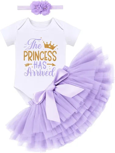 Vista 7 de Conjunto de ropa brillante para recién nacidas para niñas recién nacidas, mameluco de princesa + falda tutú + diadema de flores para sesión de fotos