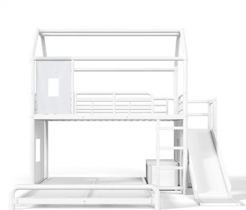 Vista 5 de RUNNA Playhouse Twin Over Full Bunk Bed with Slide and LED，Antique White-M