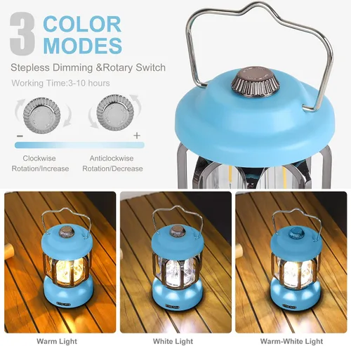 Vista 3 de Linternas LED recargables para campamento, luces vintage para acampar, funcionan con pilas, luces portátiles retro de metal para senderismo