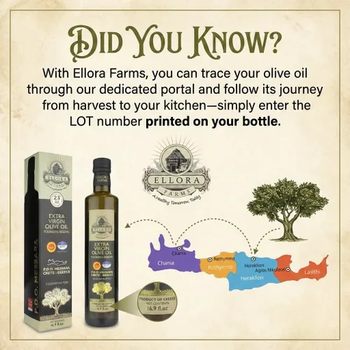 Vista 5 de Ellora Farms, Aceite de Oliva Virgen Extra Griego, Single Estate DOP Messara, Grecia, sin OMG, prensado en frío, Polifenol, Botella de vidrio, 17 FL