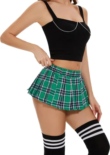 Vista 5 de Lidogirl Minifalda plisada a cuadros con cintura elástica y medias XS-2XL