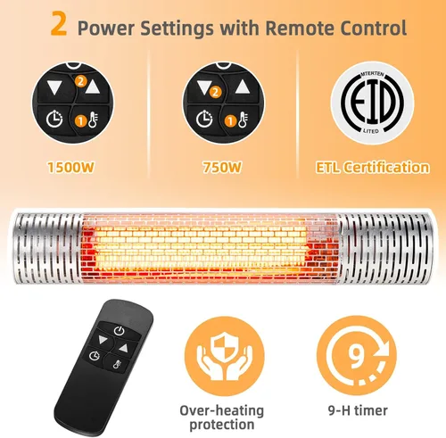 Vista 5 de Tangkula Calentador de patio montado en la pared de 1500 W, calentador eléctrico de infrarrojos lejanos para patio con control remoto, 2 ajustes