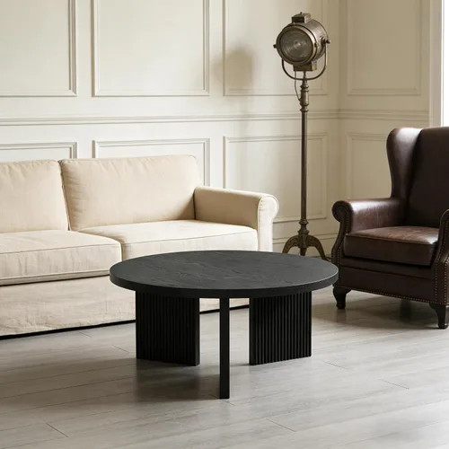 Vista 6 de Mesa de centro redonda de madera, mesa de centro de 35 pulgadas con mesa gruesa y lisa, mesa central de círculo bajo con patas estables