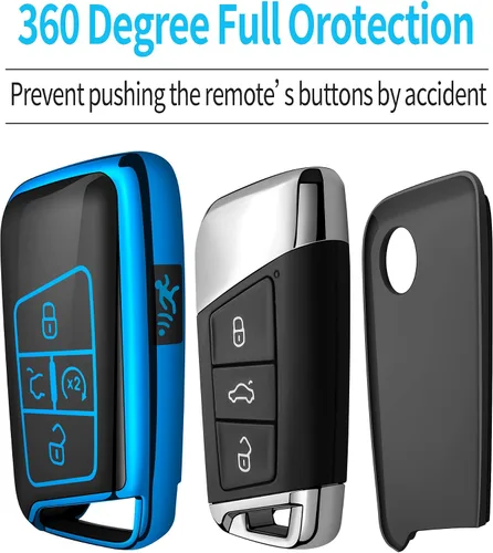 Vista 4 de Tukellen Funda para llavero Volkswagen, funda de TPU suave de alta calidad, protección completa, funda para llavero VW Tiguan Atlas Jetta Passat Azul