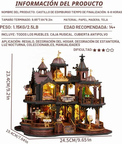 Vista 2 de Spilay Kit de Casa en Miniatura DIY, Casa de Muñecas Castillo de Edimburgo con Caja de Música y Cubierta Antipolvo, Kit de Rompecabezas de Madera 3D