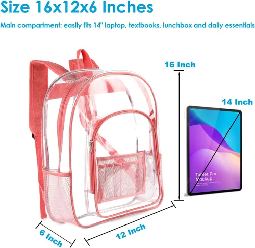 Vista 3 de Mochila transparente resistente transparente transparente PVC Plstic Clear Bookbags, Rosa, Mochila Daypack