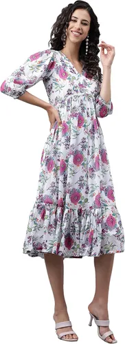 Vista 6 de Janasya Vestido acampanado con estampado digital Georgette blanco para mujer india
