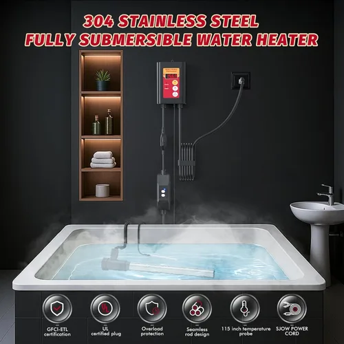 Vista 3 de Calentador de agua totalmente sumergible de 1500 W para piscina, bañera de hidromasaje eléctrica portátil y piscina de tierra calentador de agua