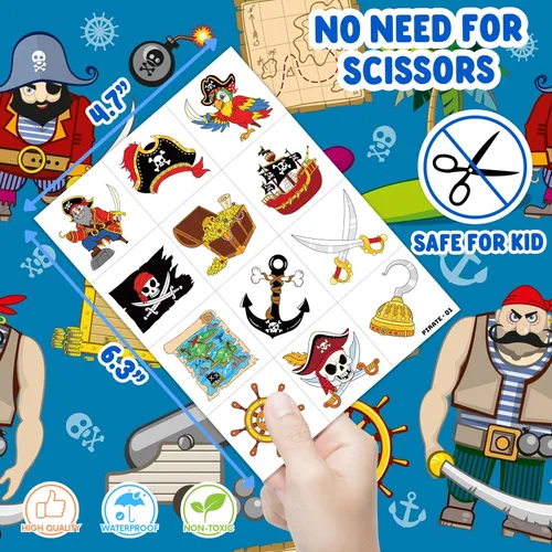 Vista 4 de 96 tatuajes temporales de barco pirata precortados para recuerdos de fiesta de niños Suministros de cumpleaños con temática náutica, decoraciones