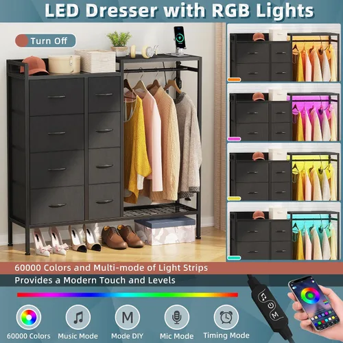 Vista 7 de HIGDBFE Cómoda con estante para colgar, cómoda de 8 cajones para dormitorio con estación de carga y luces LED, cómoda de tela con zapatero, cómoda