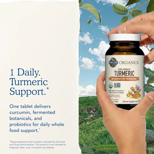 Vista 7 de Garden of Life Organics 60 tabletas para respuesta inflamatoria de cúrcuma extrafuerte 100mg de curcumina (95% curcuminoides)/pimienta