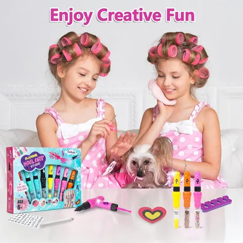 Vista 4 de Juego de 8 bolígrafos de arte de uñas para niños, esmalte de uñas no tóxico y purpurina con punta de garabato, kit de arte de uñas para niñas de 7 a