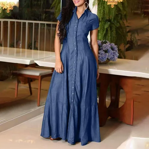 Vista 4 de GIFZES Vestido de mezclilla acampanado elegante con dobladillo con volantes, bolsillo de parche, cintura alta, manga corta, perfecto para ocasiones