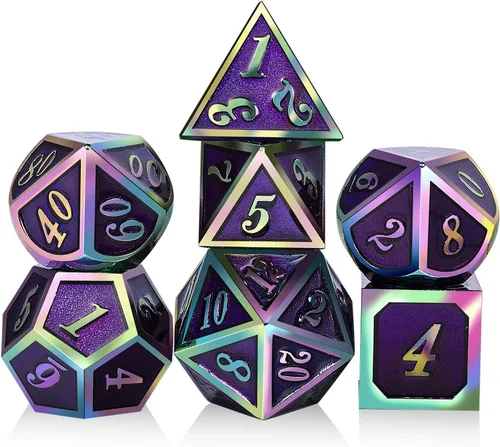 Vista 17 de DNDND - Dados de diseño antiguo, 7 dados de metal de latón con caja de metal para juegos de mesa como Dungeons and Dragons