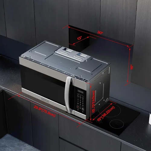 Vista 7 de Empava Microondas de 1.7 pies cúbicos sobre la gama, 1000 W, plata, EMPV-30OTR01 Sensor cooking, auto menus, 2-speed 300 CFM venting fan, 10 power
