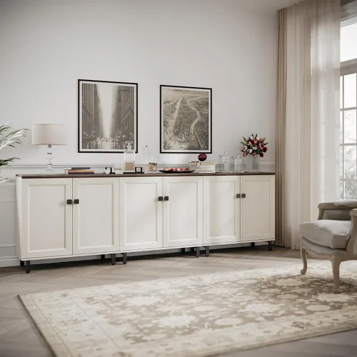 Vista 17 de FENSULN Gabinete de aparador de buffet multifuncional de casa de campo Moderna con estantes ajustables para cocina, barra de café, sala de estar