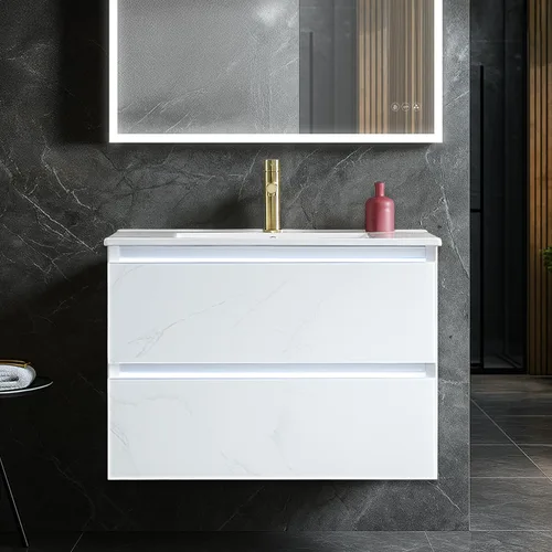 Vista 11 de Blossom Tocador de baño LED de 24 pulgadas – Tocador flotante montado en la pared con luces – 100% impermeable PVC de grado marino – Moderno