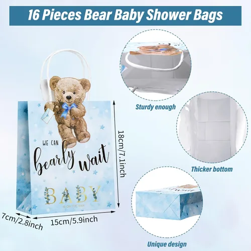 Vista 3 de Tinlade - 16 bolsas de regalo de oso para baby shower, We Can Bearly Wait, bolsas de regalos con asas, para baby shower, regalos para recién Azul