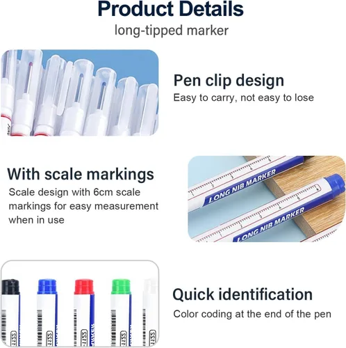 Vista 6 de 5 Pack Long Head Deep Hole Marker Pens, 2026 New 20mm Deep Reach Waterproof Construction Marking Tool, Carpenter Ink Marker Pens Metal Marking Pen