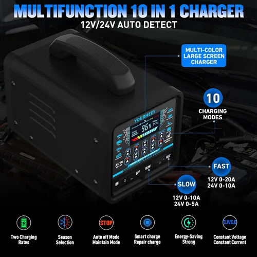 Vista 2 de Cargador de batería de coche de 12V 24V 0-20A resistente, cargador inteligente de goteo y mantenimiento con apagado automático, modo de reparación e