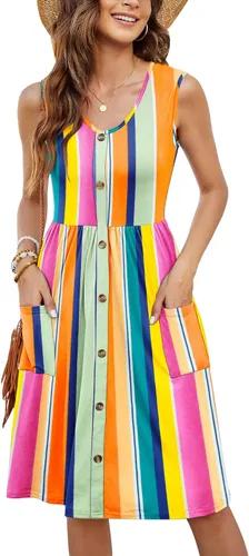 Vista 8 de MOLERANI Vestido de verano para mujer, sin mangas, estilo casual, suelto, con vuelo, botones, midi, con bolsillos 01-beja Blue