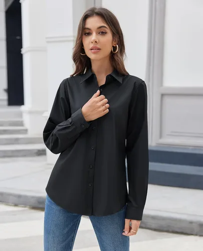 Vista 4 de siliteelon Camisas con botones para mujer, camisa de vestir de algodón de manga larga con cuello, camisa de negocios, trabajo, oficina, blusa