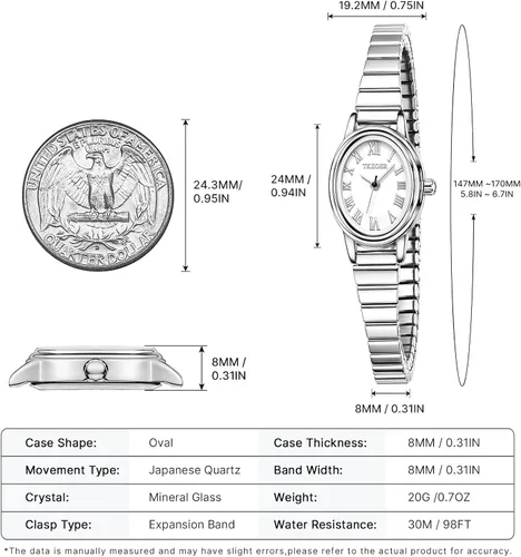 Vista 4 de Relojes pequeños de oro para mujer, reloj analógico de esfera fácil de leer, caja ovalada, banda de expansión de acero inoxidable, reloj impermeable