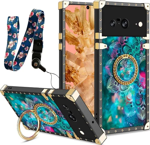 Vista 70 de nancheng Funda para Google Pixel 6 de lujo, diseño de abeja, corazón y abeja, chapado en oro, con anillo de diamante de 360°, correa de cordón