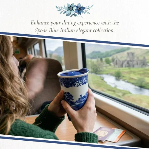 Vista 6 de Spode Taza de viaje de porcelana italiana azul de 8 onzas con tapa – Vaso con estampado escénico con borde decorativo – Taza de café de cerámica