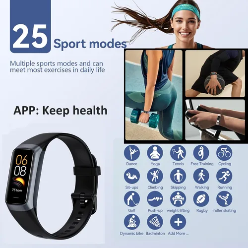 Vista 2 de Keep Health Fitness Trackers para mujeres y hombres Amoled Step Counter Slim Thin 25 modos deportivos con monitor de presión arterial de frecuencia