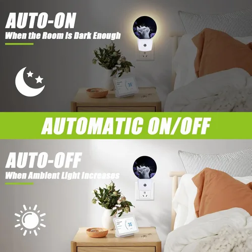 Vista 3 de Luz nocturna de gato blanco, flores moradas enchufables con sensor de atardecer a amanecer para dormitorio, baño y sala de estar, lámpara apta