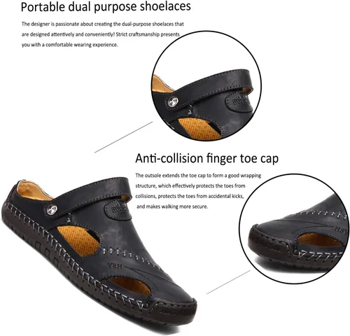 Vista 3 de Sandalias de cuero con punta cerrada para hombre, sandalias de pescador casuales para caminar al aire libre, zapatos de playa, Negro