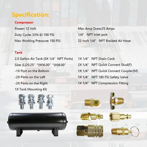 Vista 12 de Sistema de aire a bordo de servicio medio/kit compresor 150 PSI 12V con tanque de bocina de tren/aire de 2,5 galones (9,5 litros)