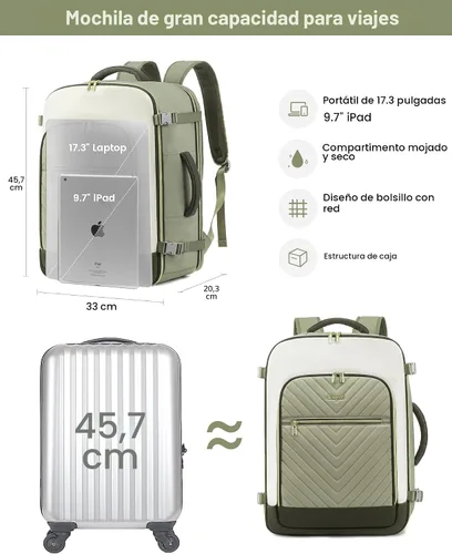 Vista 5 de LOVEVOOK Mochila de Viaje Grande, Mochila de Equipaje de Mano para Aviones, Viajes