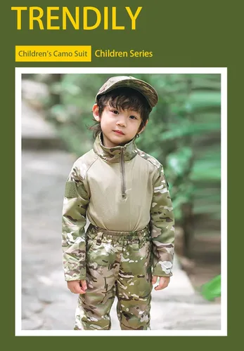 Vista 2 de CHERISH Disfraz de camuflaje para niños BDU de caza militar de camuflaje chaqueta y pantalones con sombrero en la cintura