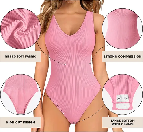 Vista 3 de GXIN Body de 2 piezas para mujer, sexy, acanalado, cuello en V, sin mangas, moldeador