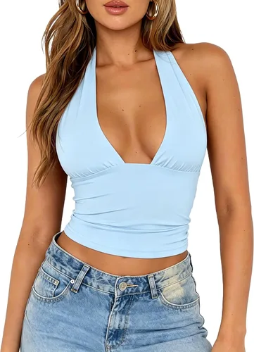 Vista 11 de ForeFair Camiseta sin mangas sexy con cuello halter sin espalda para salir, cuello en V profundo, espalda abierta, sin mangas, ajuste delgado, Y2K