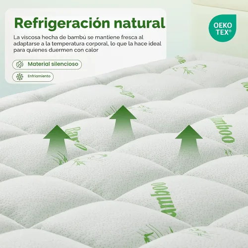 Vista 8 de Protector de colchón tamaño Queen, parte superior de almohada refrescante, viscosa ultra suave hecha de bambú, transpirable para personas que Verde