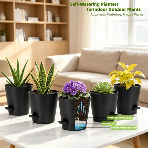 Vista 3 de Paquete de 12 macetas de riego automático de 4 pulgadas con drenaje y platillos, macetas de plástico para plantas de interior y exterior, macetas