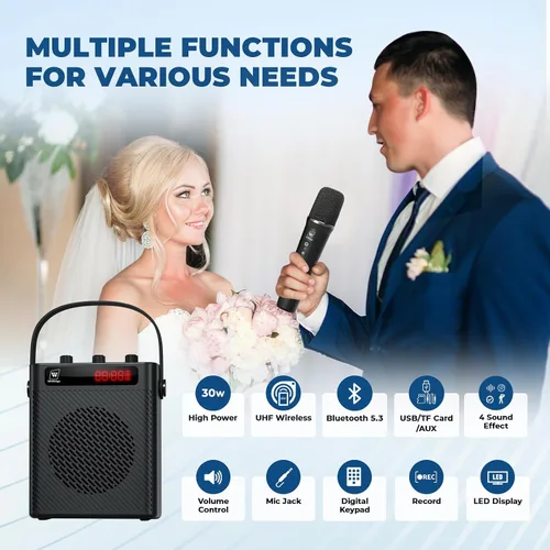 Vista 7 de Amplificador de voz con micrófono inalámbrico y altavoz - Sistema PA Bluetooth portátil mini con micrófono de mano, megáfono recargable ultraligero