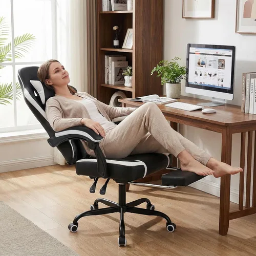 Vista 9 de GIANTEX Gaming Chair, Height Adjustable Computer Desk Chair with Headrest, Lumbar Support, Linkage Armrests, Reclining Backrest & Footrest Negro