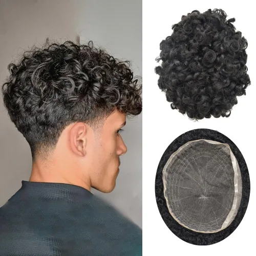 Vista 11 de Peluca de encaje suizo rizado afro para hombre, sistema de repuesto de peluca de encaje completo, extensiones duraderas de cabello humano #1 Negro