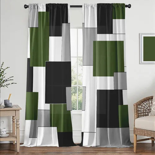 Vista 8 de Cortinas negras y grises para sala de estar, 63 pulgadas de largo, cortinas geométricas modernas, negras, blancas, grises, abstractas, con bolsillo